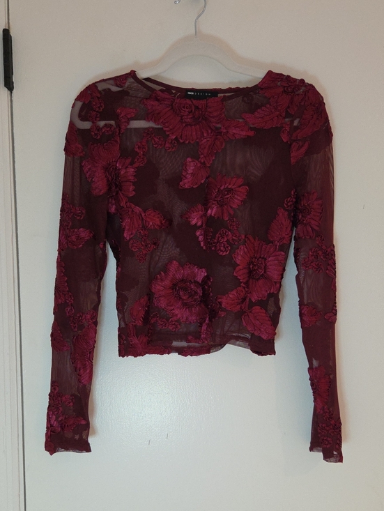 ASOS Tops - ASOS DESIGN Floral Mesh Long Sleeve Top in Red & Black Size 6